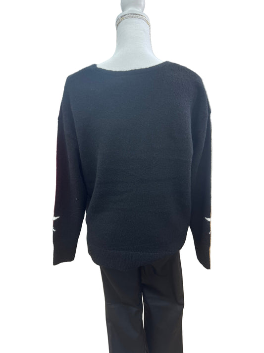 Black V-Neck Sweater with White Star Detail