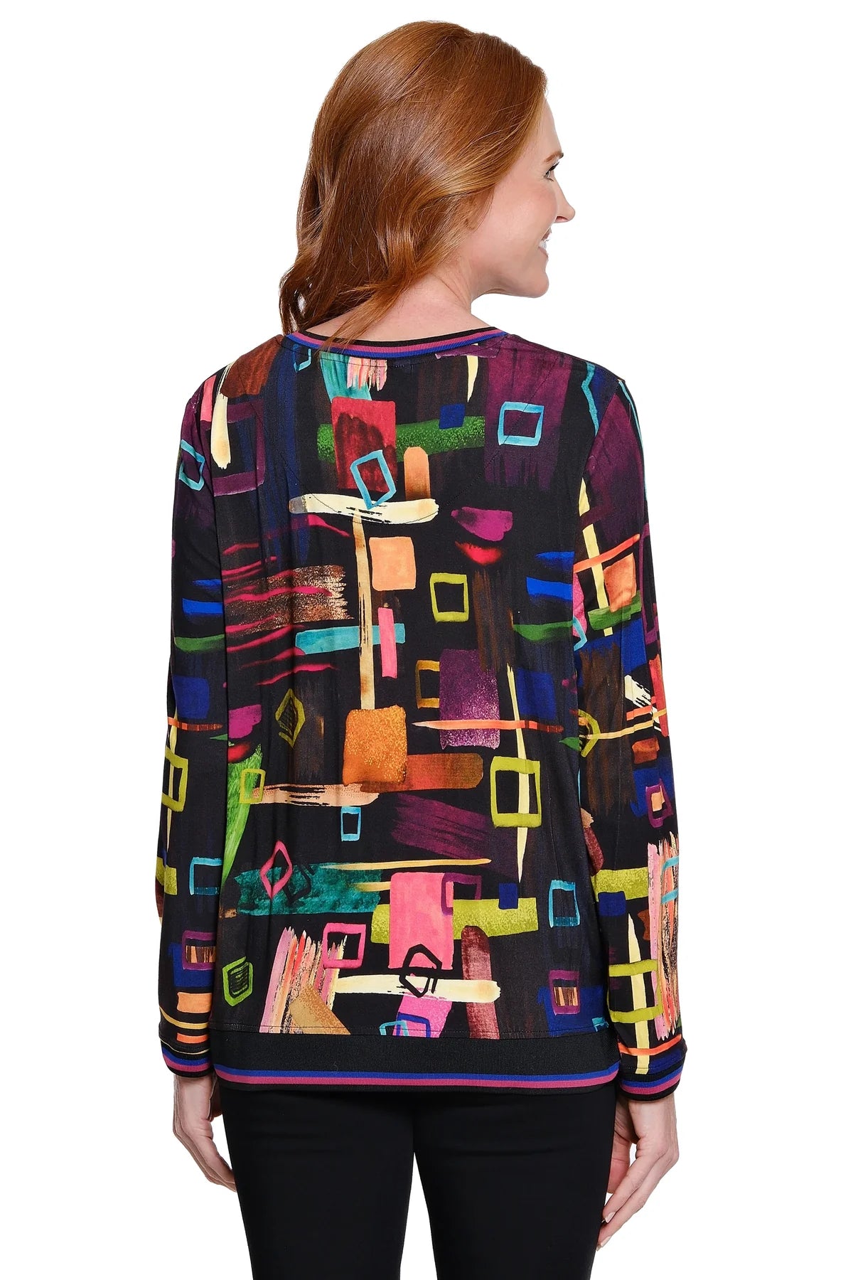 V Neck Popover Print Top - Abstract Multi