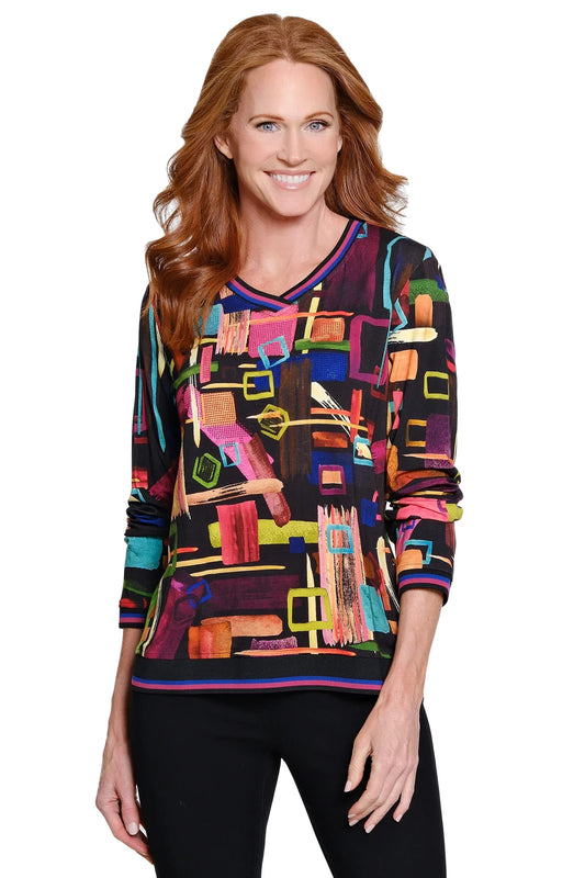 V Neck Popover Print Top - Abstract Multi