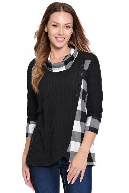 Plaid Cowl Neck Top - Black/White