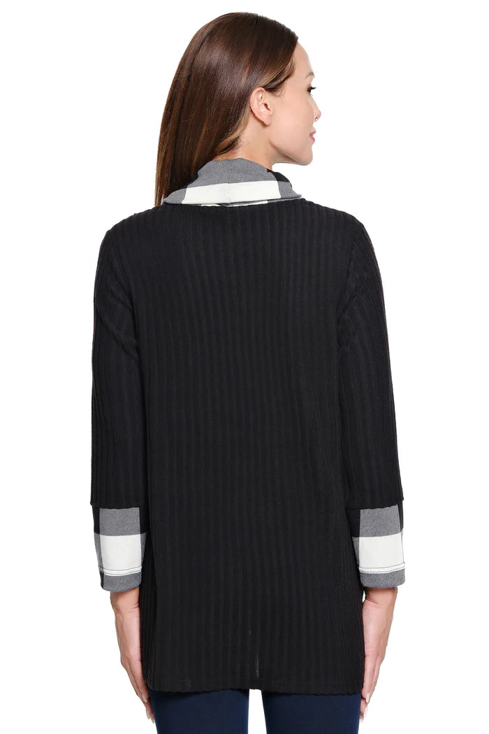 Plaid Cowl Neck Top - Black/White