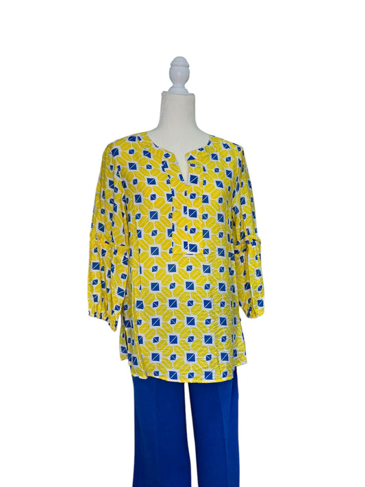 Yellow, Blue & White Multi-Patterned Shapes 3/4 Sleeve Top