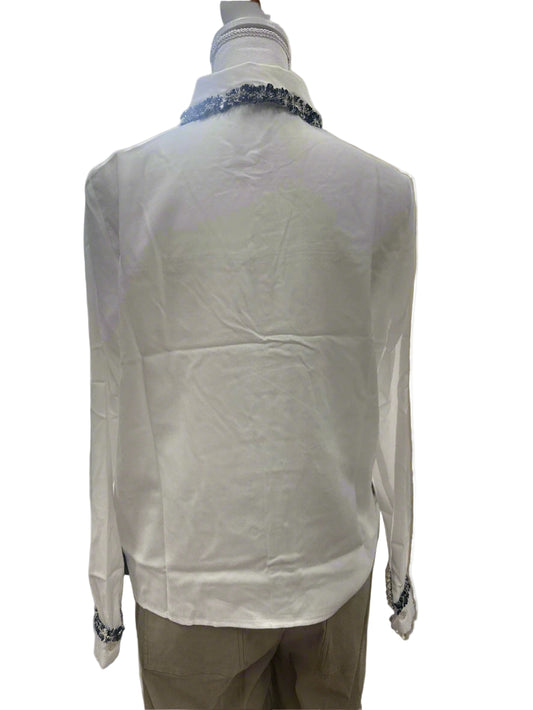 Renuar White Classic Blouse with Navy Detail