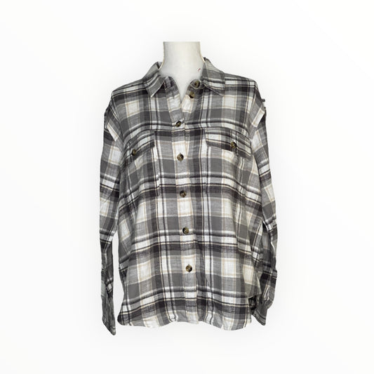 Grey Cream Plaid Two Flap Pocket Long Sleeve Shirt