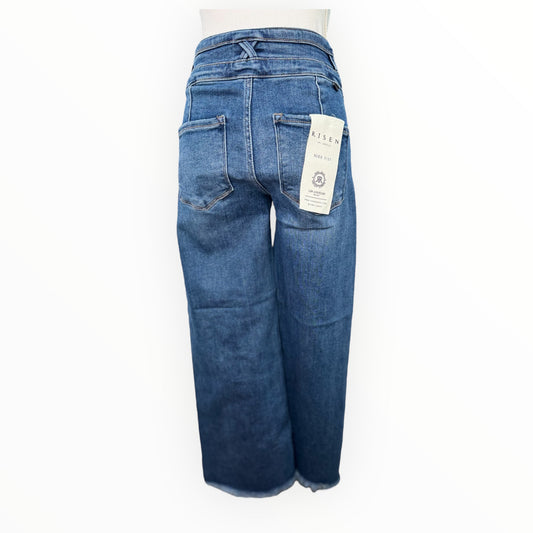 BAGGY DARK WASH RISEN JEANS WITH FRAYED ENDS