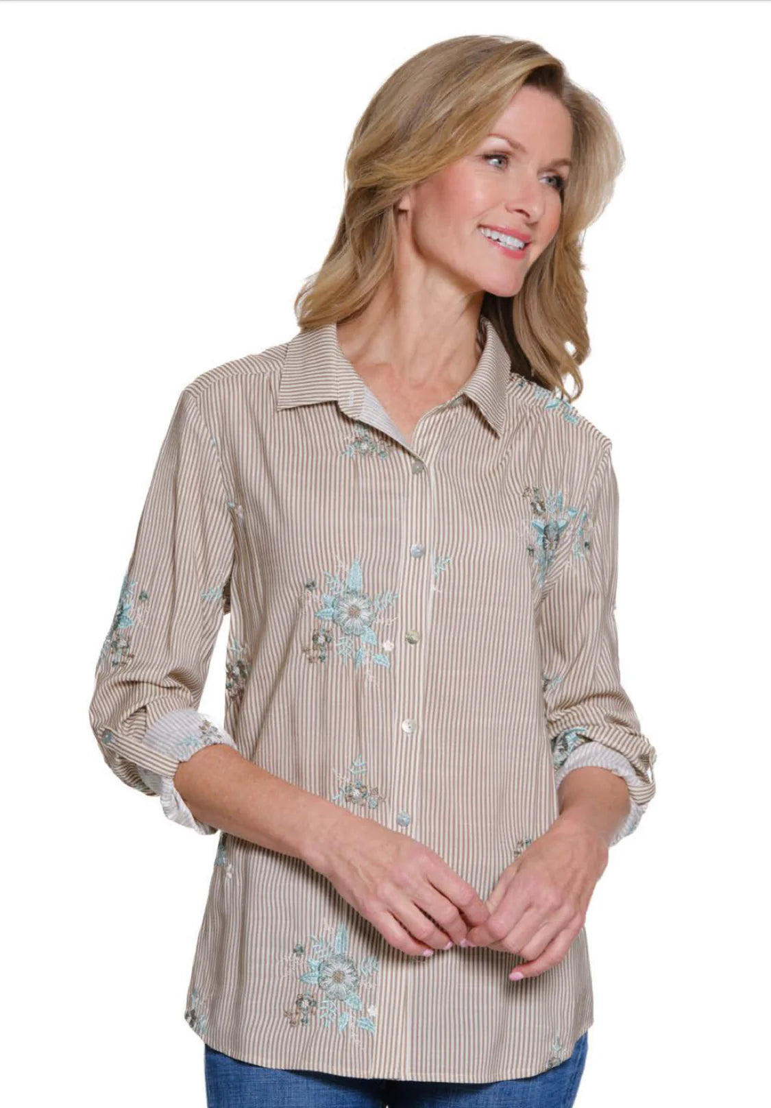 Multiples Roll Tab Front Button Shirt W/ Embroidery - Stone/Seafoam