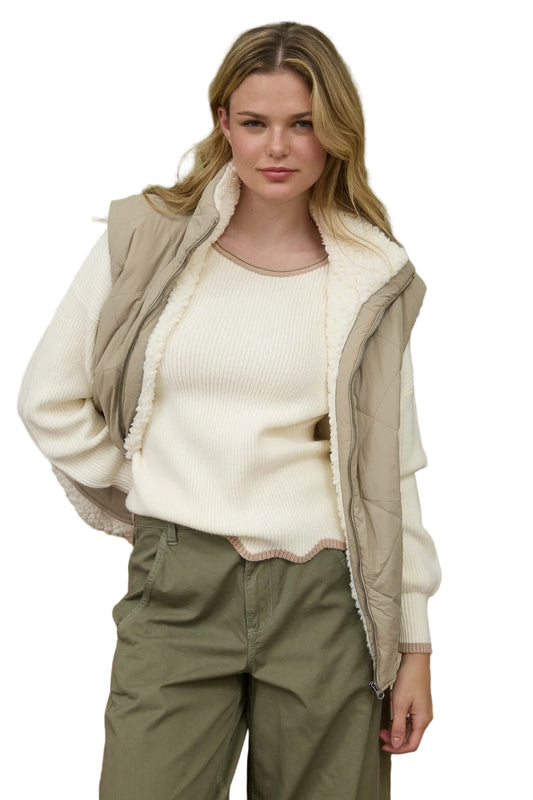 QUILTED ZIP UP FLEECE LINED PUFFER VEST