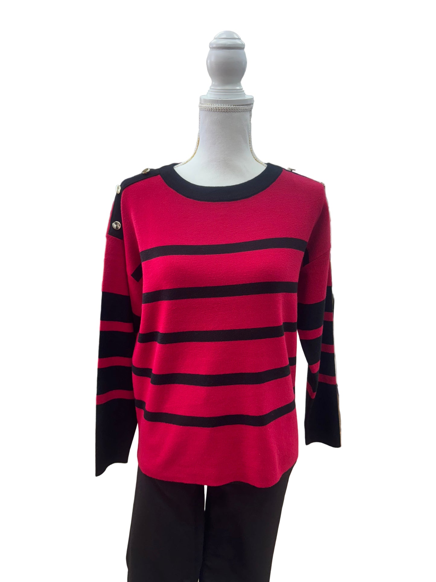 Red and Black Striped Top with Gold Button Sleeve Detail