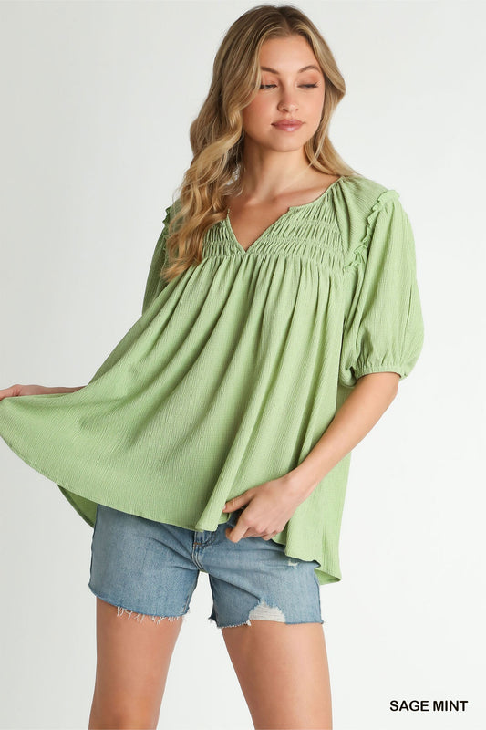 Smocked V-Neck Pleated Detail Top with Puff Ruffle Sleeves - Sage Mint