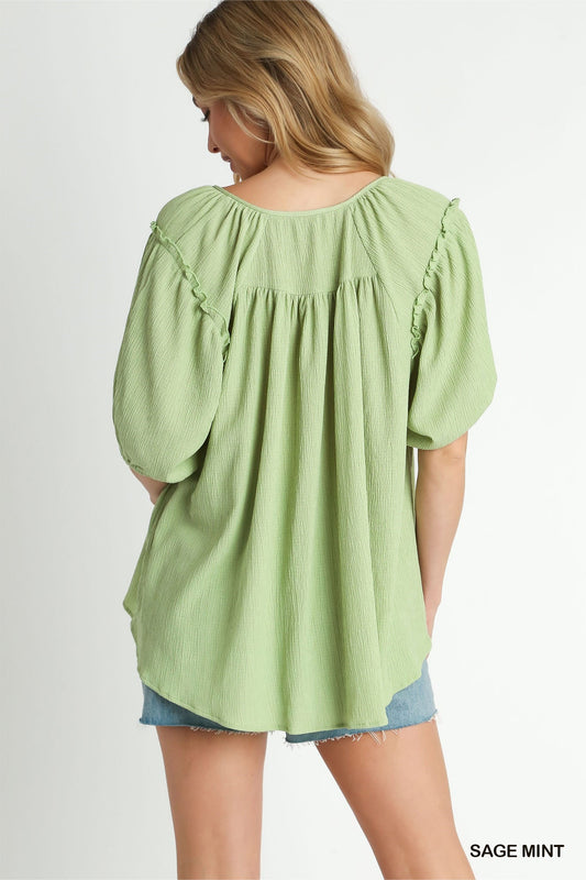 Smocked V-Neck Pleated Detail Top with Puff Ruffle Sleeves - Sage Mint