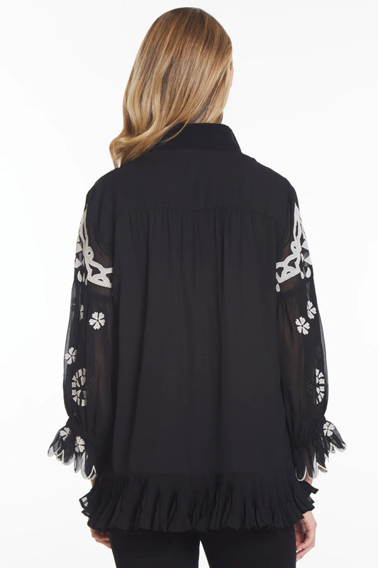 EMBROIDERED TUNIC WITH RUFFLE HEM - BLACK