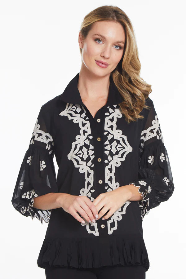 EMBROIDERED TUNIC WITH RUFFLE HEM - BLACK