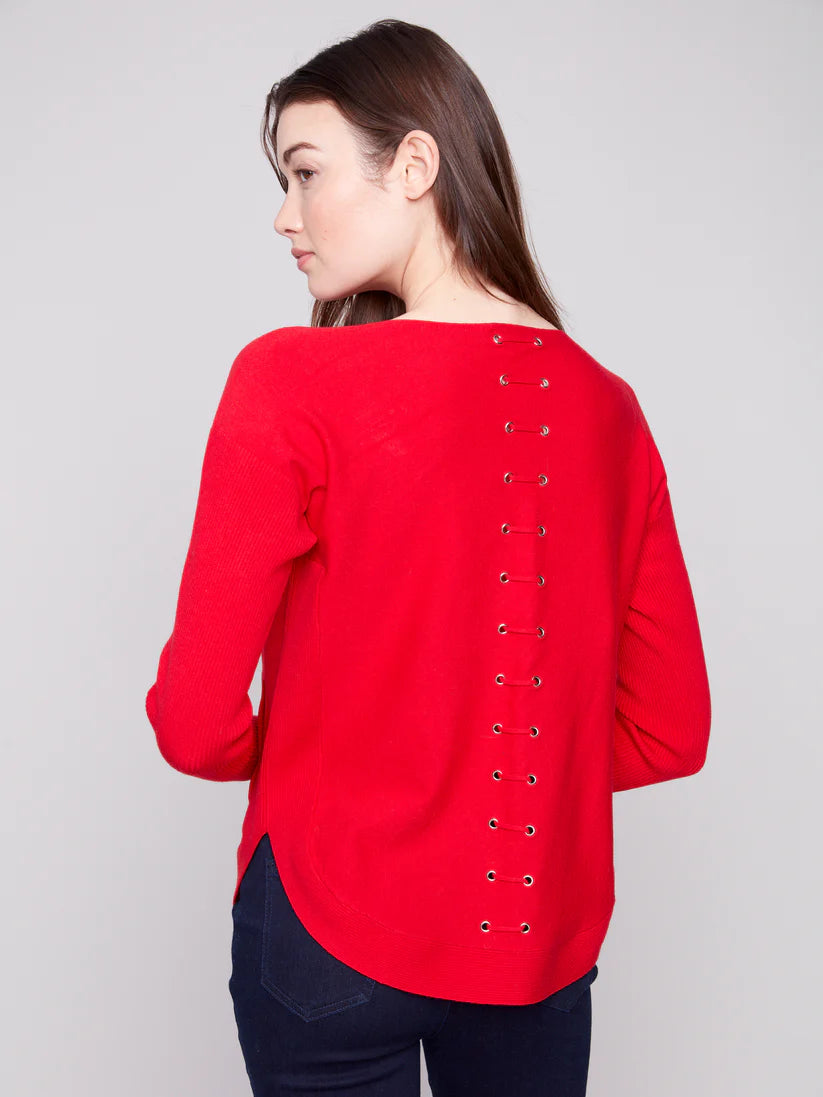 Charlie B Sweater w/Back Lace-up Detail Crimson