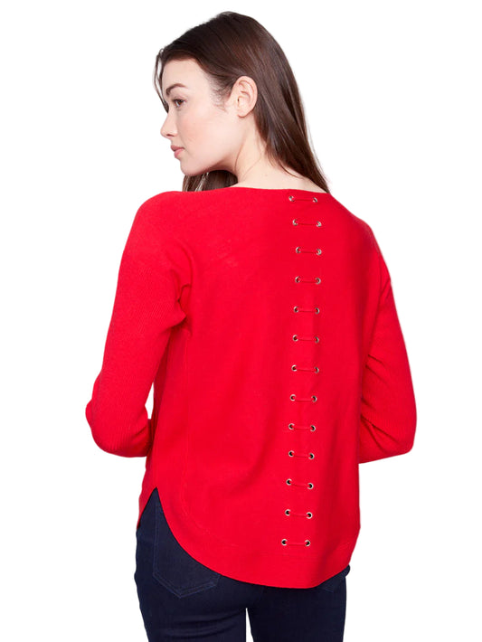 Charlie B Sweater w/Back Lace-up Detail Crimson