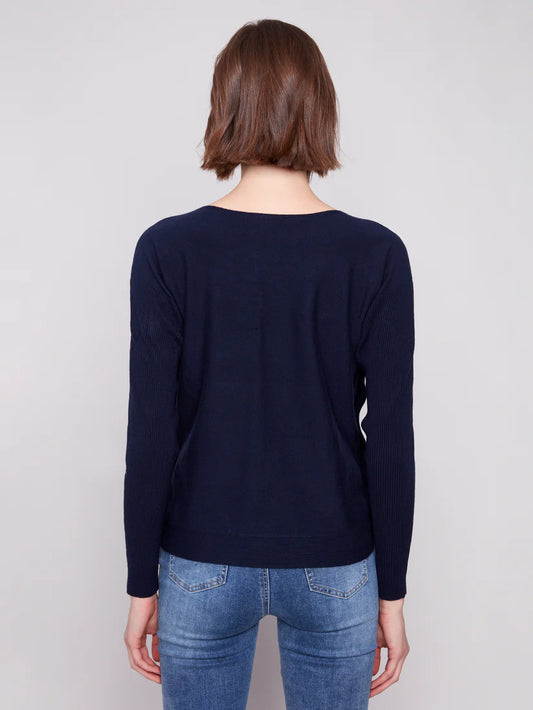 Charlie B Boat Neck Sweater w/Side Buttons Detail - Navy