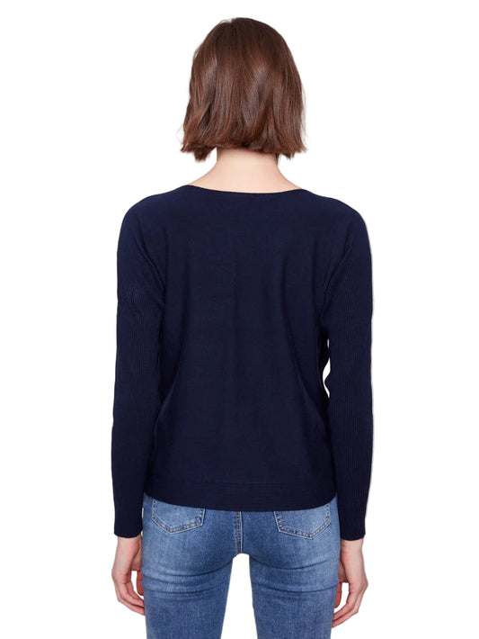 Charlie B Boat Neck Sweater w/Side Buttons Detail - Navy