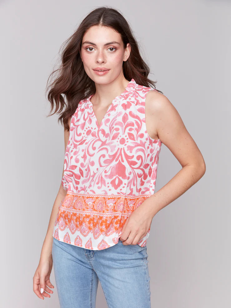 PRINTED SLEEVELESS RUFFLE NECK TOP