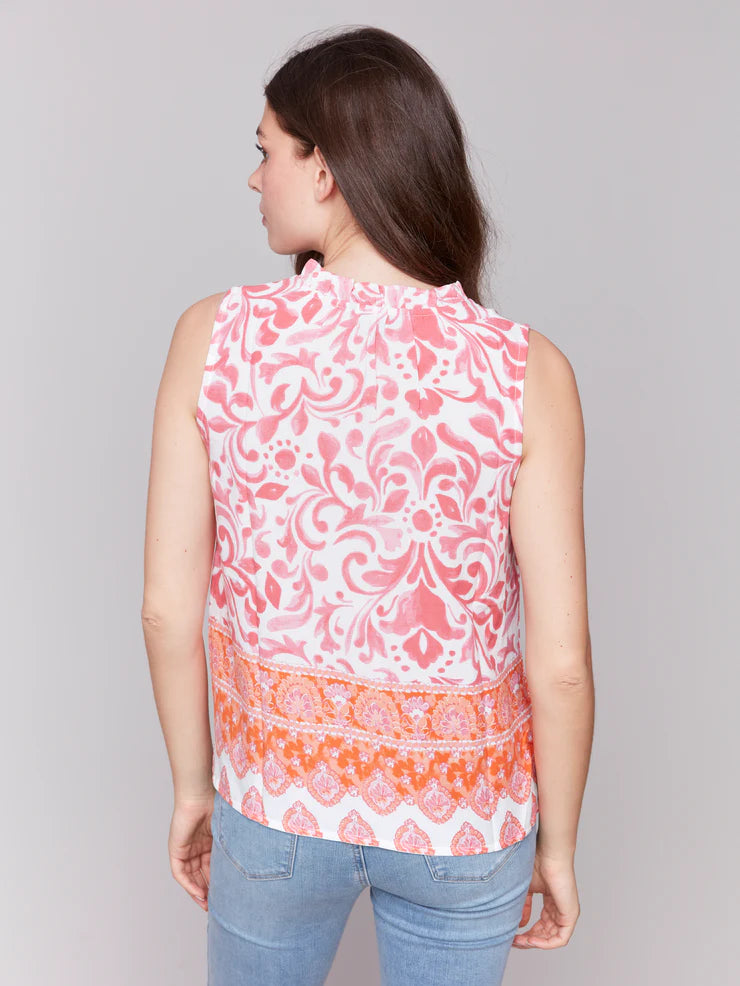 PRINTED SLEEVELESS RUFFLE NECK TOP