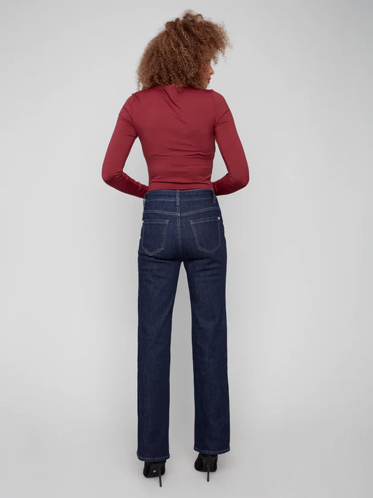 Charlie B Flare Leg Stretch Denim Pants w/Patch Pockets & Special Rivets Deep Blue