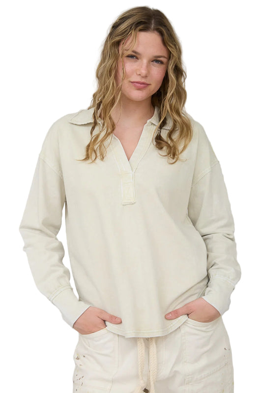 WASHED COLLARED LONG SLEEVE KNIT TOP