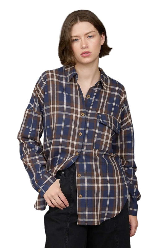 PLAID BUTTON DOWN POCKET DETAIL LONG SLEEVE SHIRT