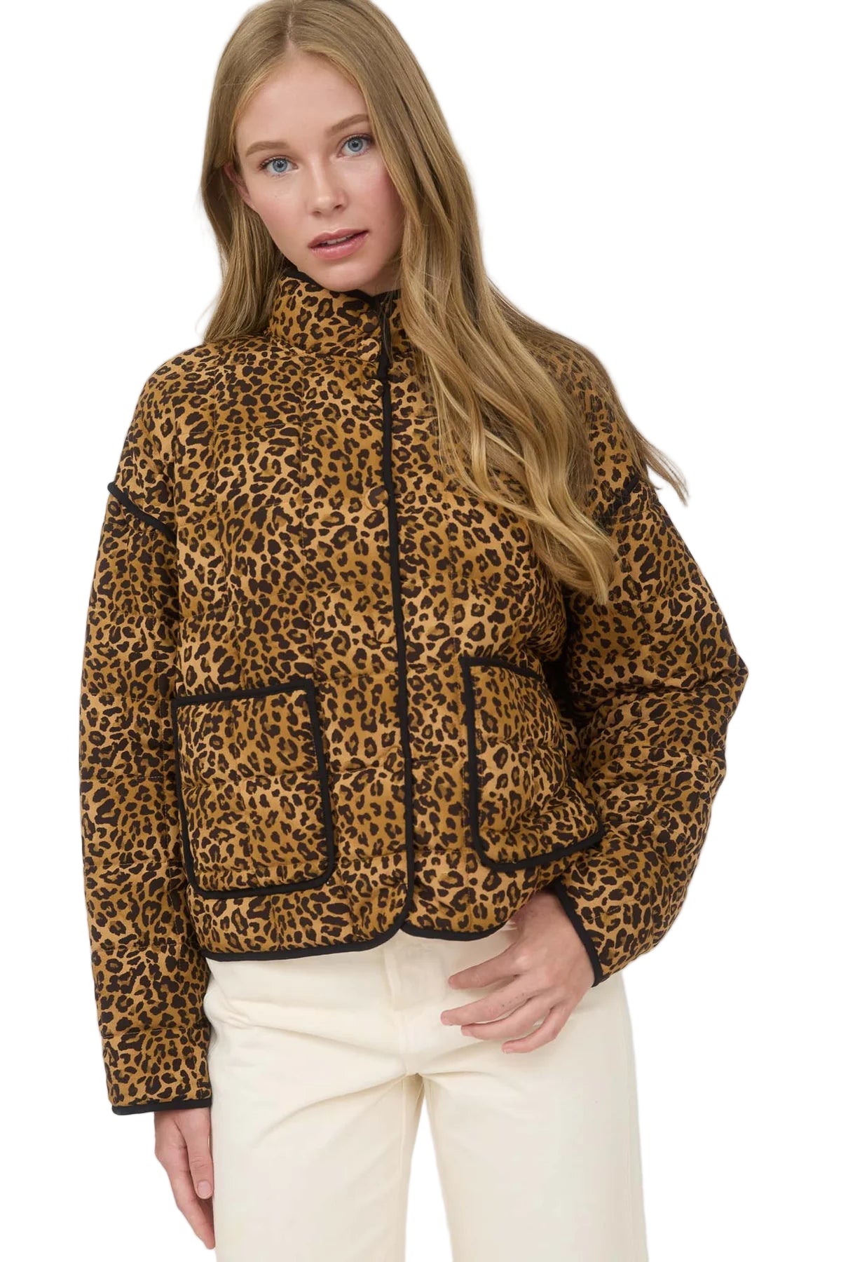 QUILTED LEOPARD BUTTON DOWN PUFFER JACKET