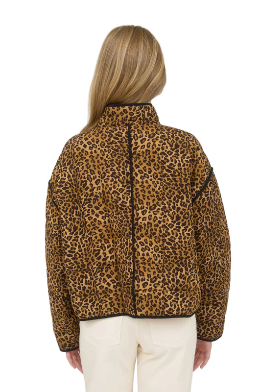 QUILTED LEOPARD BUTTON DOWN PUFFER JACKET