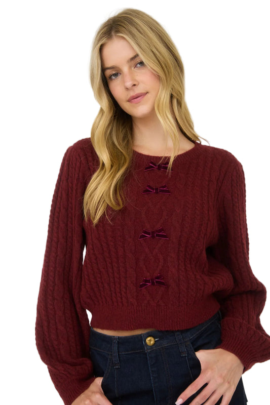 CABLE KNIT FRONT VELVET BOW DETAIL KNIT SWEATER