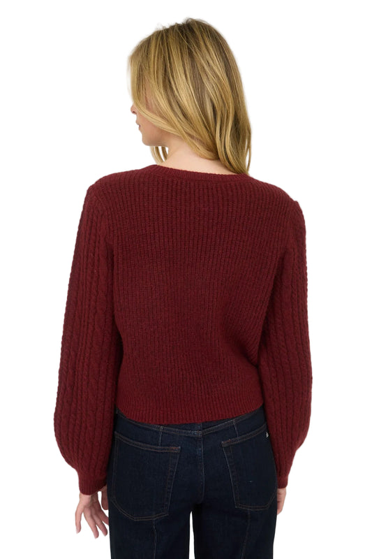 CABLE KNIT FRONT VELVET BOW DETAIL KNIT SWEATER