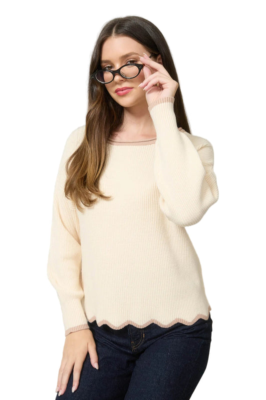 CONTRAST SCALLOP TRIM KNIT PULLOVER SWEATER