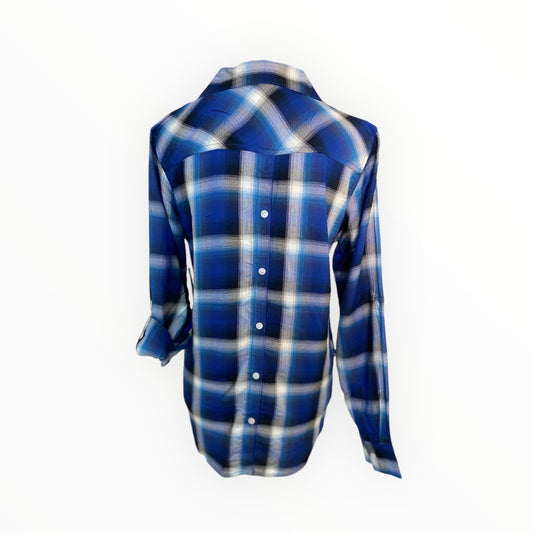 Plaid Rayon Pull Over Roll Sleeve Blue