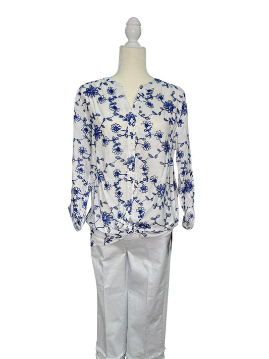 White & Blue Embroidered Floral Blouse with Button-Down & Front Tie