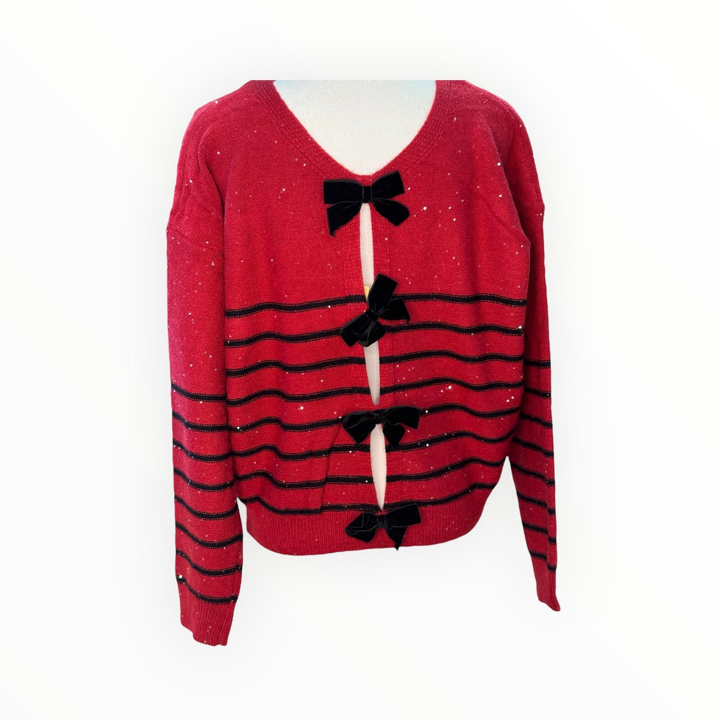 STRIPED GLITTER OPEN BACK BOW SWEATER