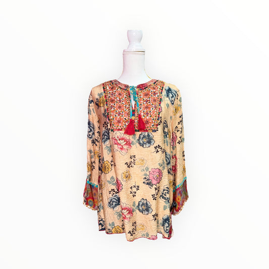 TAN FLORAL TIE NECK TOP