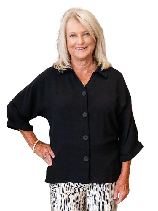 Multiples Crinkle Woven Shirt w/ Dolman Sleeves - Black