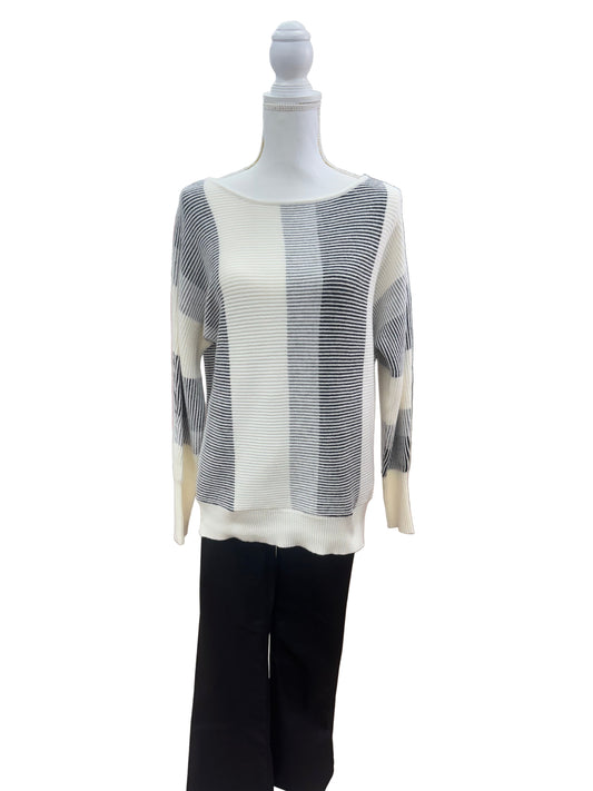 White Sweater with Black and Grey Stripes