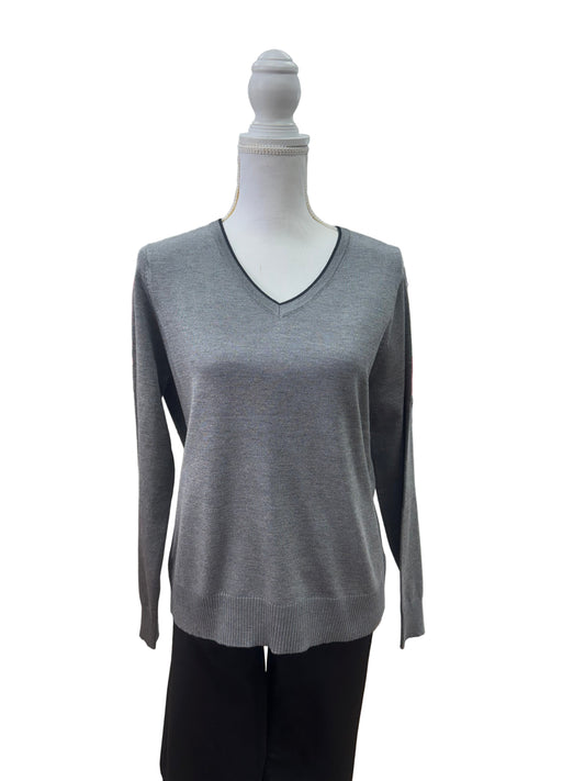 Grey Sweater with Black V-Neckline