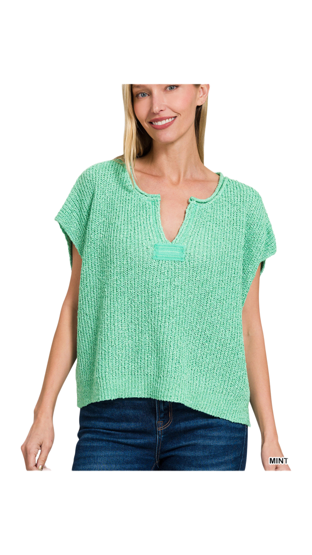 Back patch rolled split-neck side slit pullover
