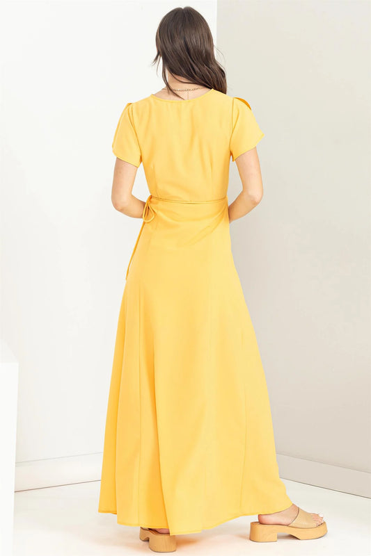 Tie Front Wrap Maxi Dress - Lemon Yellow