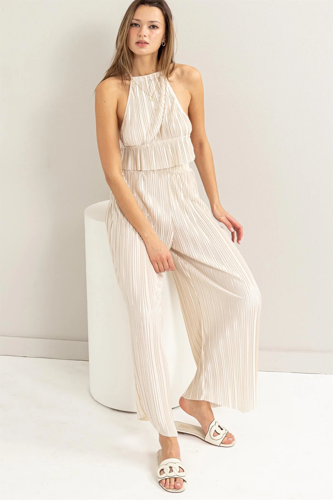 Pleated Top and Pant Set - Champagne