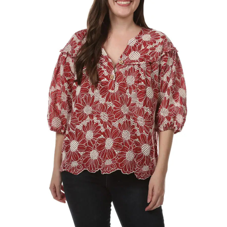 Embroidered Flower Top- Maroon