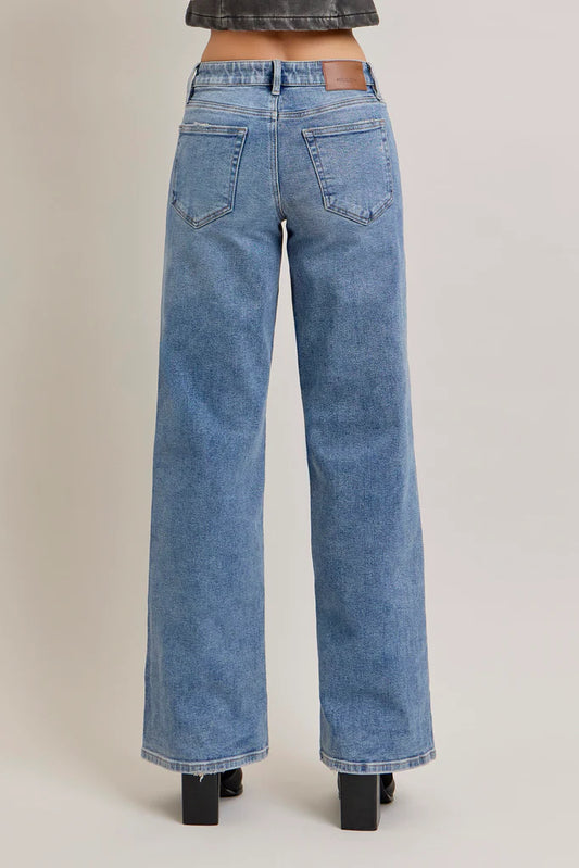 -[NORI] Medium Wash Clean Mid Rise 33" Inseam Wideleg