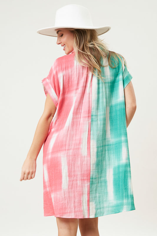 Mix Brushed Print Shirt Dress - Pink/Teal Multi