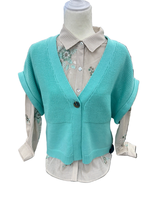 Multiples Flax Cuffed Dolman 1-Button Front Cardigan - Seafoam
