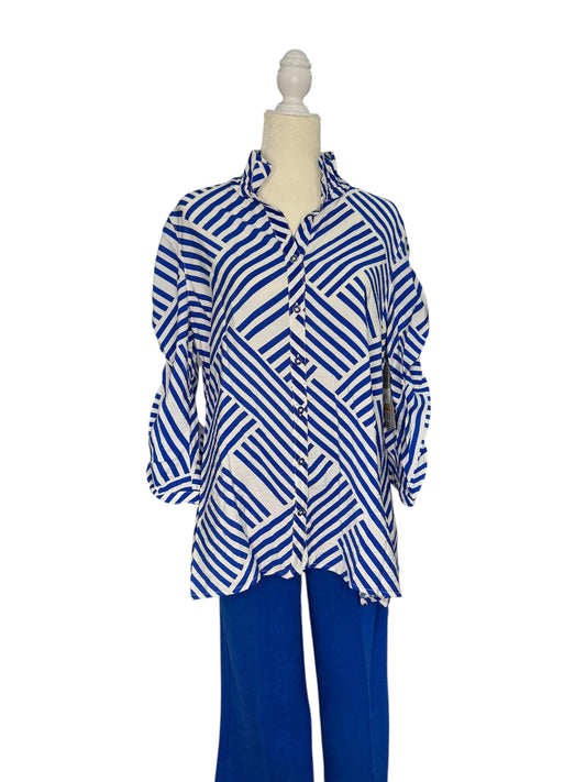 Royal blue patterned button down top