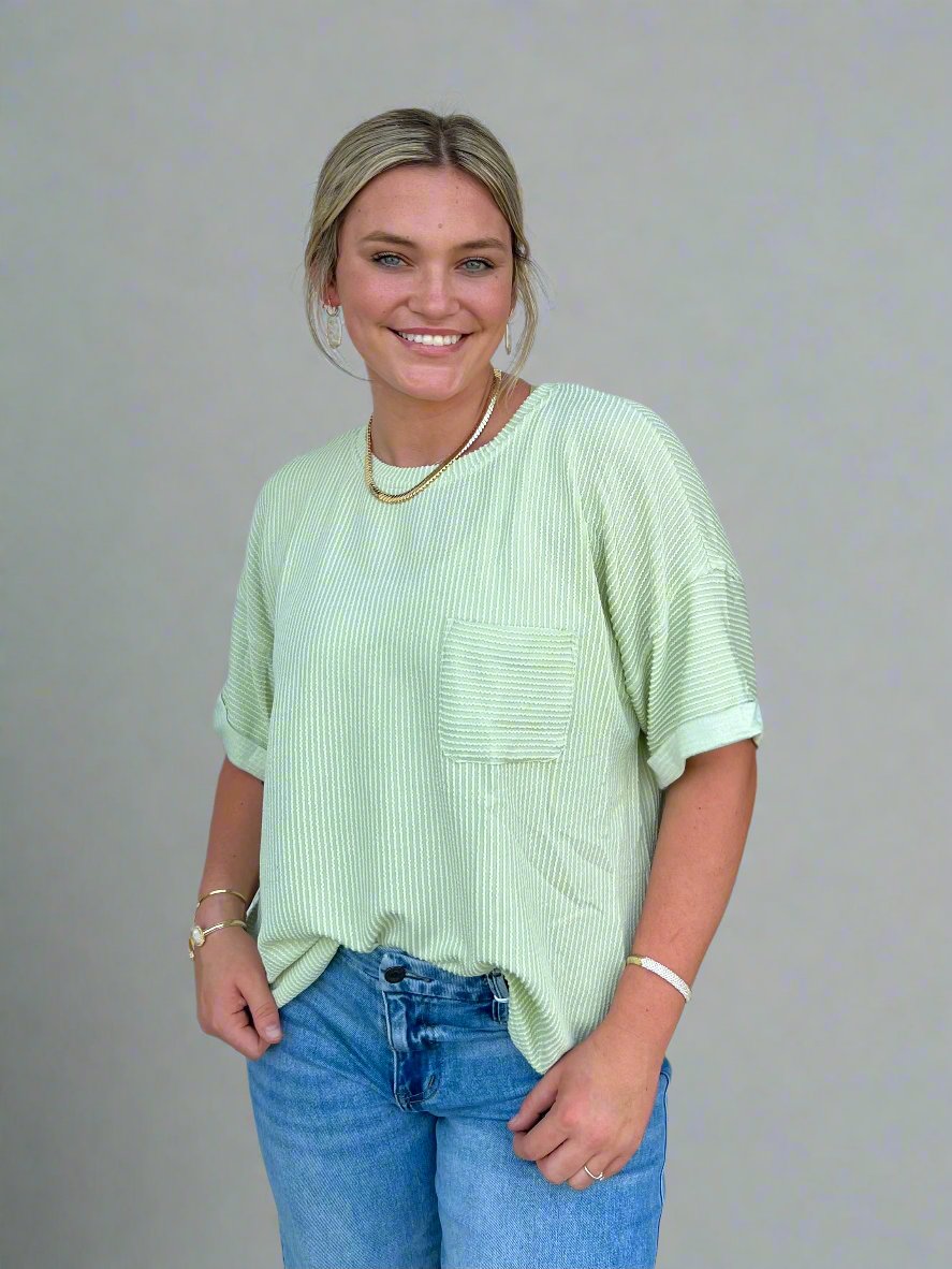 Textured Knit Boxy Cut Top + Chest Pocket Detail - Mint Green