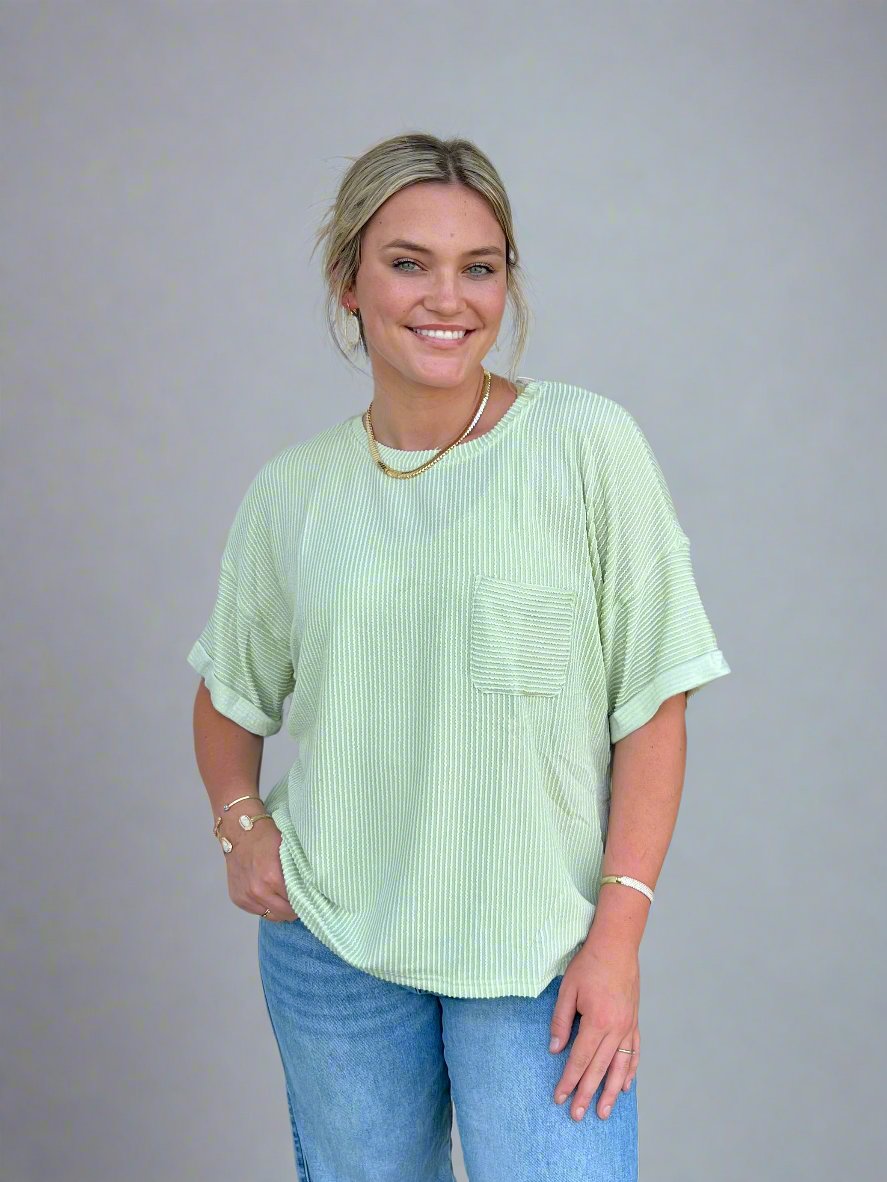 Textured Knit Boxy Cut Top + Chest Pocket Detail - Mint Green