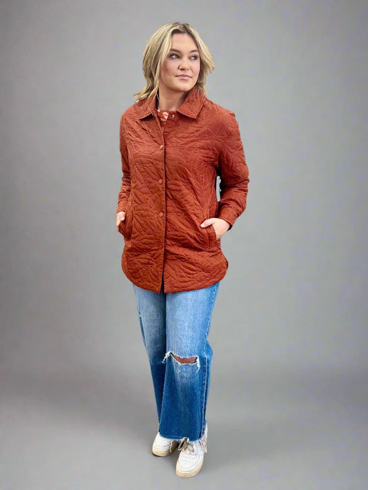 Long Stitch Pattern Button Down Jacket with Side Pockets - Rust