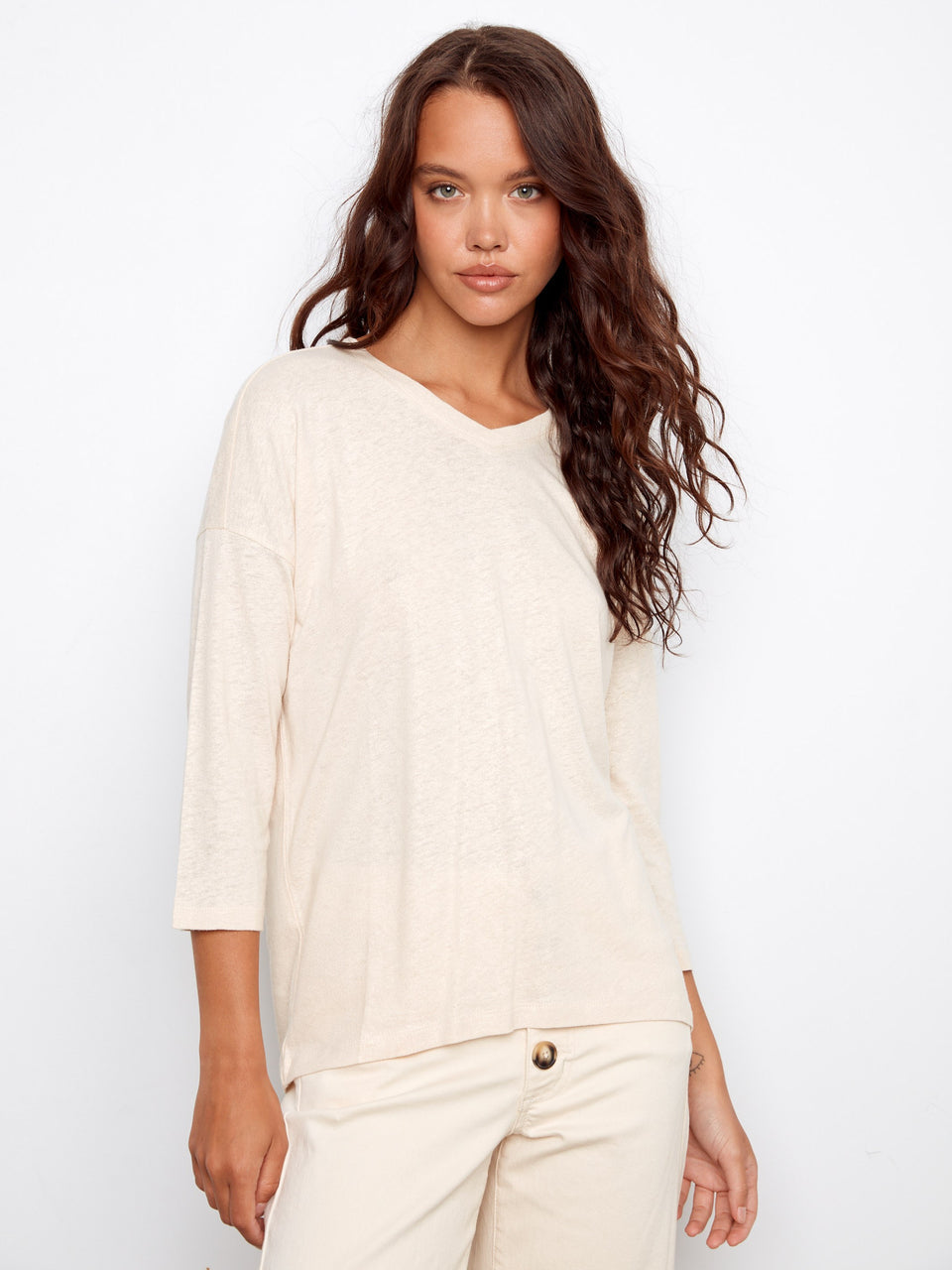 Foiled V Neck 3/4 Sleeve Top