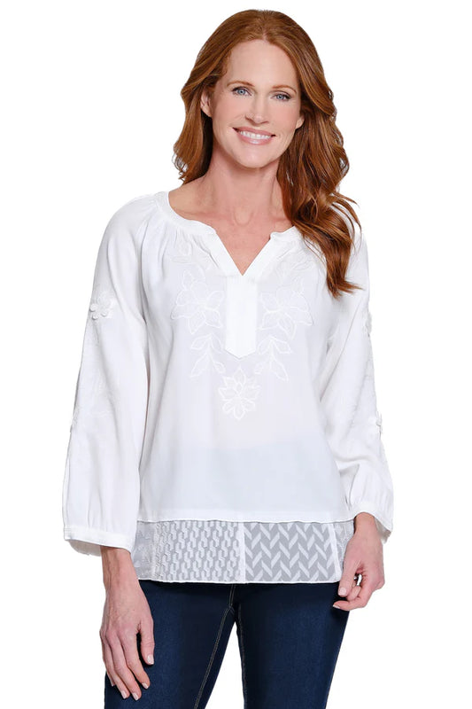 John Mark Embroidered Tunic with Floral Details - White